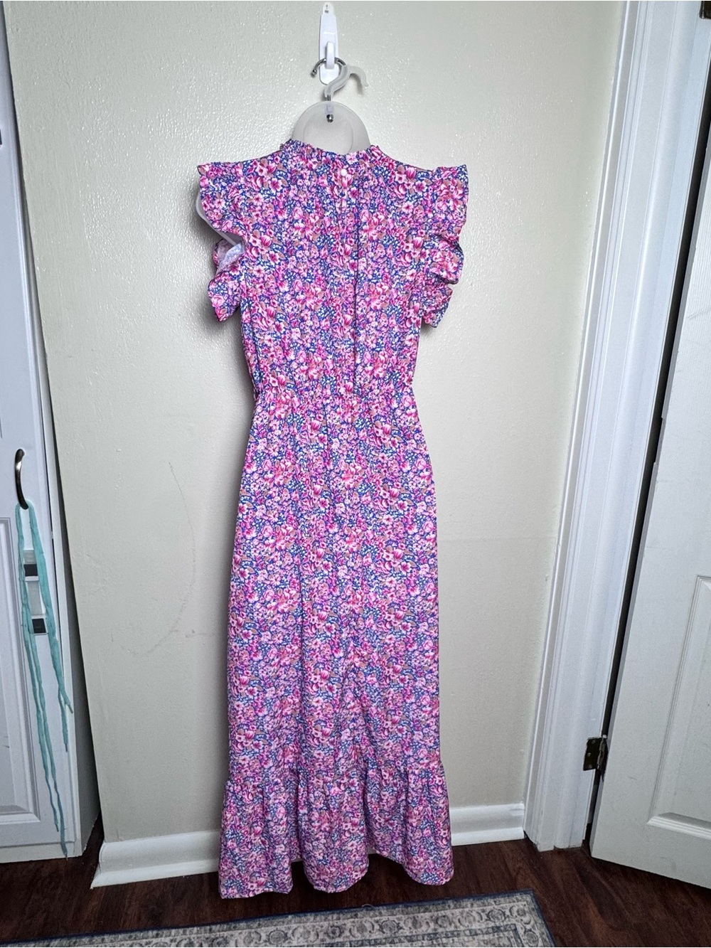 SHEIN Floral Maxi Dress S Pink Blue Flutter Sleeve Cottagecore Boho - Picture 5 of 11